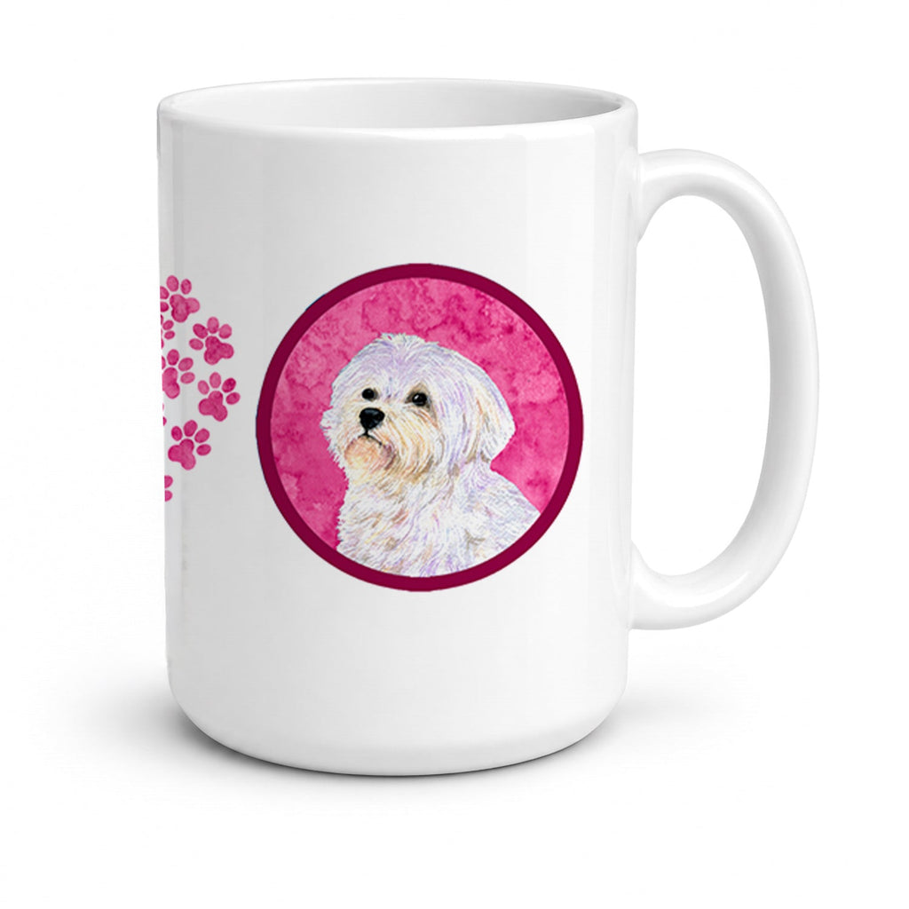 Pink Maltese Ceramic Coffee Mug 15 oz Decorative Large C Handle Mug Cup for Tea, Cocoa Hot Chocolate