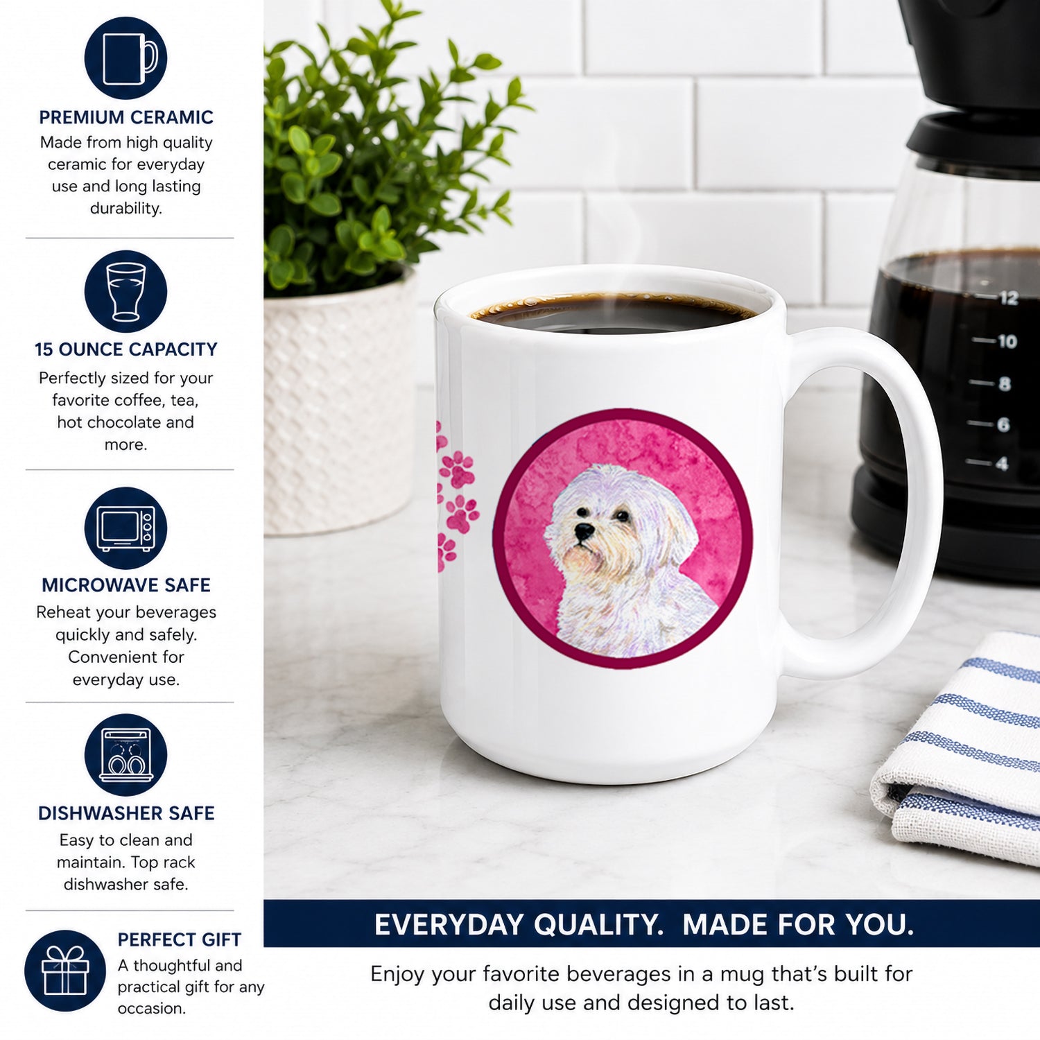 Pink Maltese Ceramic Coffee Mug 15 oz Decorative Large C Handle Mug Cup for Tea, Cocoa Hot Chocolate