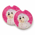 Pink Maltese Set of 2 Cup Holder Car Coasters Absorbent Round Sandstone Coasters Gifts for Men or Women, 2.5, Multicolor