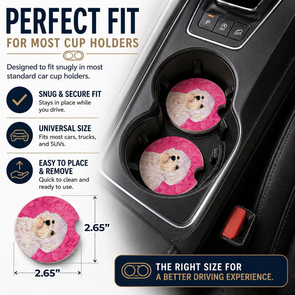 Pink Maltese Set of 2 Cup Holder Car Coasters Absorbent Round Sandstone Coasters Gifts for Men or Women, 2.5, Multicolor