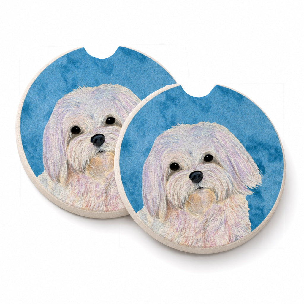 Blue Maltese Set of 2 Cup Holder Car Coasters Absorbent Round Sandstone Coasters Gifts for Men or Women, 2.5, Multicolor