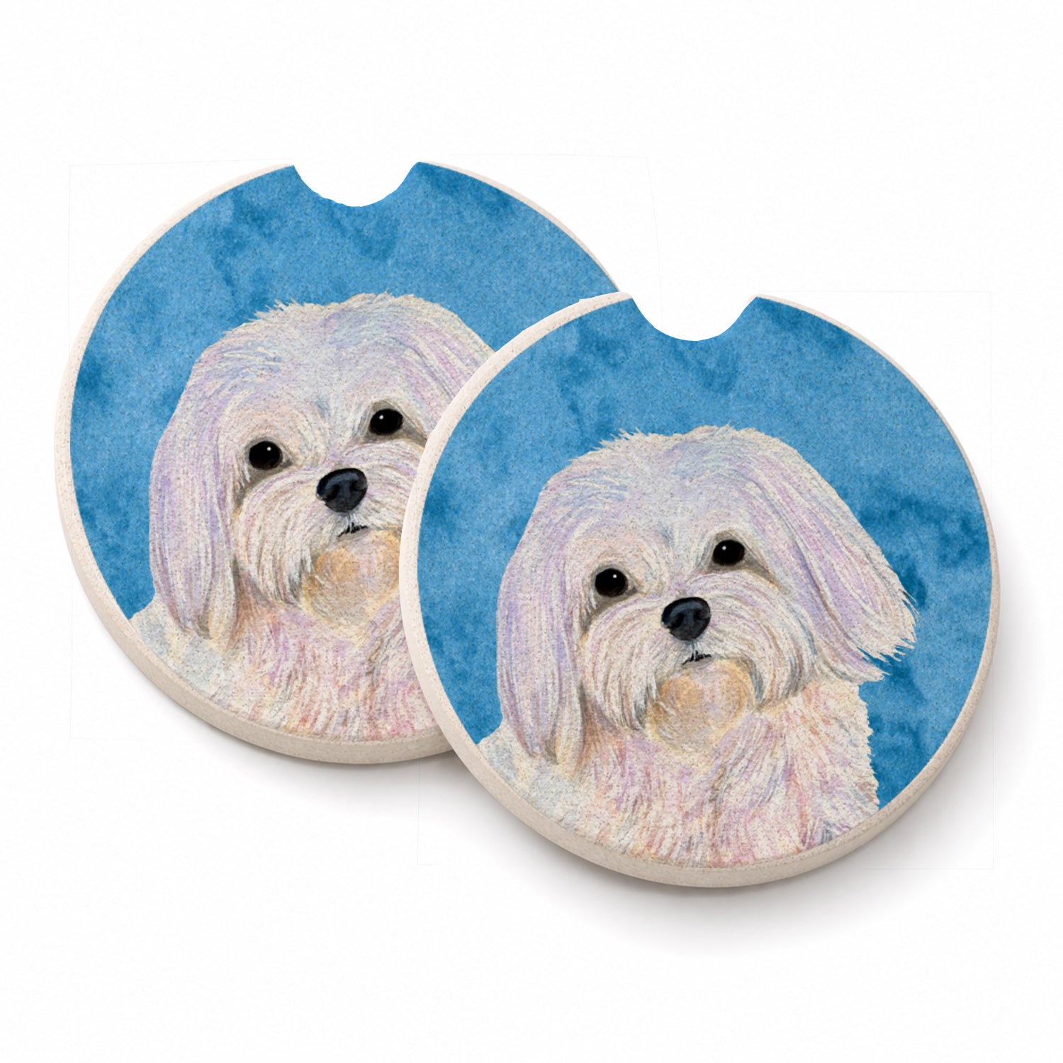 Blue Maltese Set of 2 Cup Holder Car Coasters Absorbent Round Sandstone Coasters Gifts for Men or Women, 2.5, Multicolor