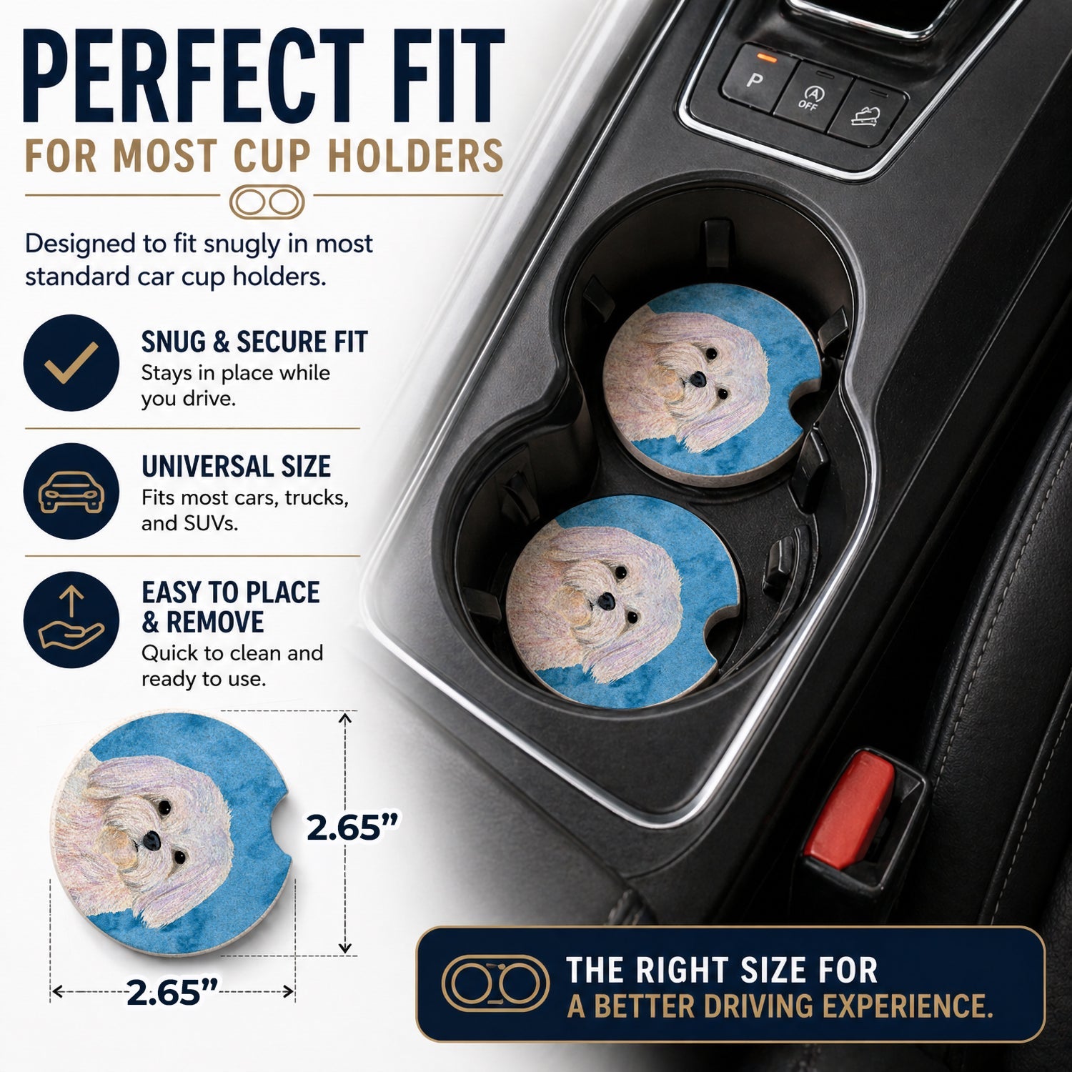 Blue Maltese Set of 2 Cup Holder Car Coasters Absorbent Round Sandstone Coasters Gifts for Men or Women, 2.5, Multicolor