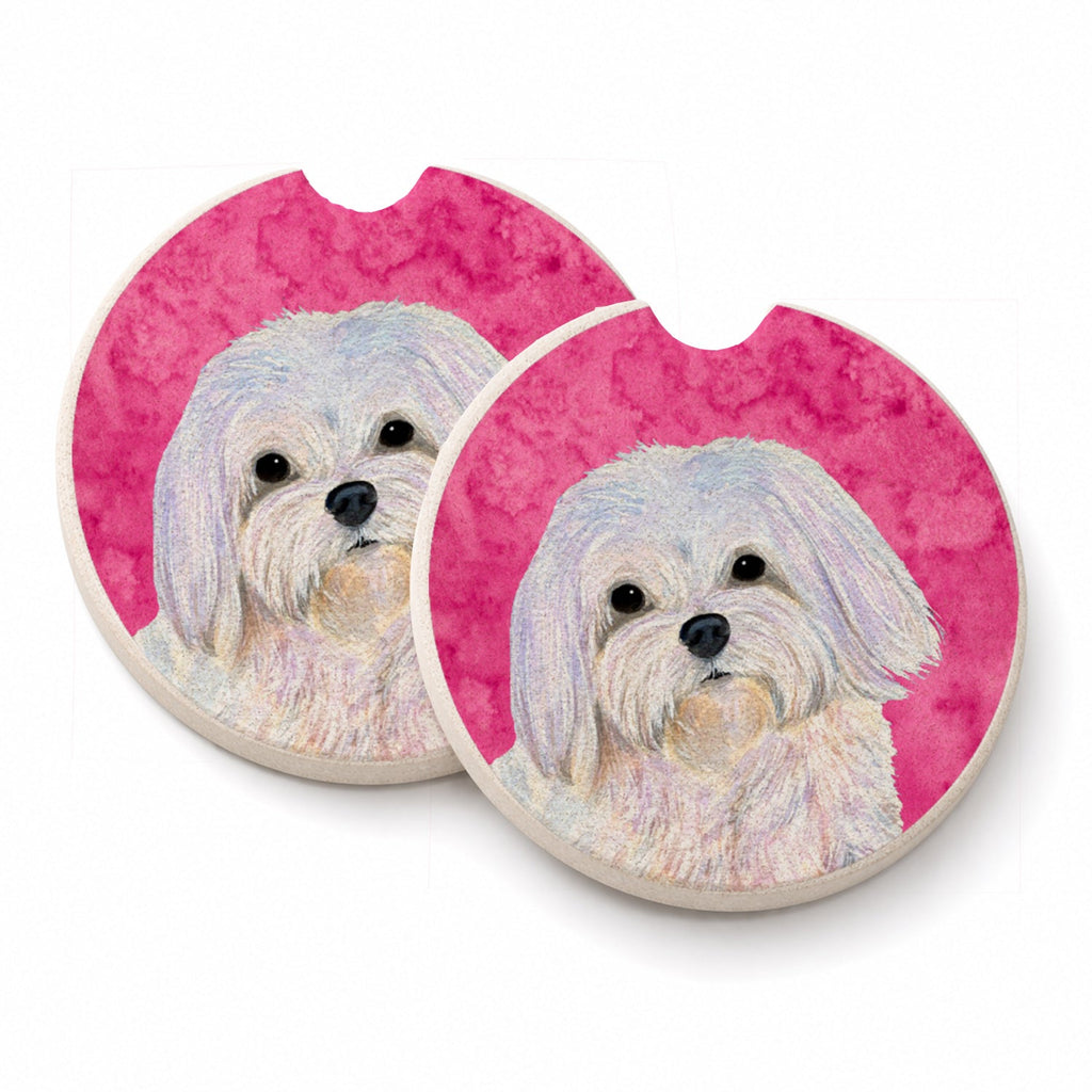 Pink Maltese Set of 2 Cup Holder Car Coasters Absorbent Round Sandstone Coasters Gifts for Men or Women, 2.5, Multicolor
