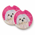 Pink Maltese Set of 2 Cup Holder Car Coasters Absorbent Round Sandstone Coasters Gifts for Men or Women, 2.5, Multicolor
