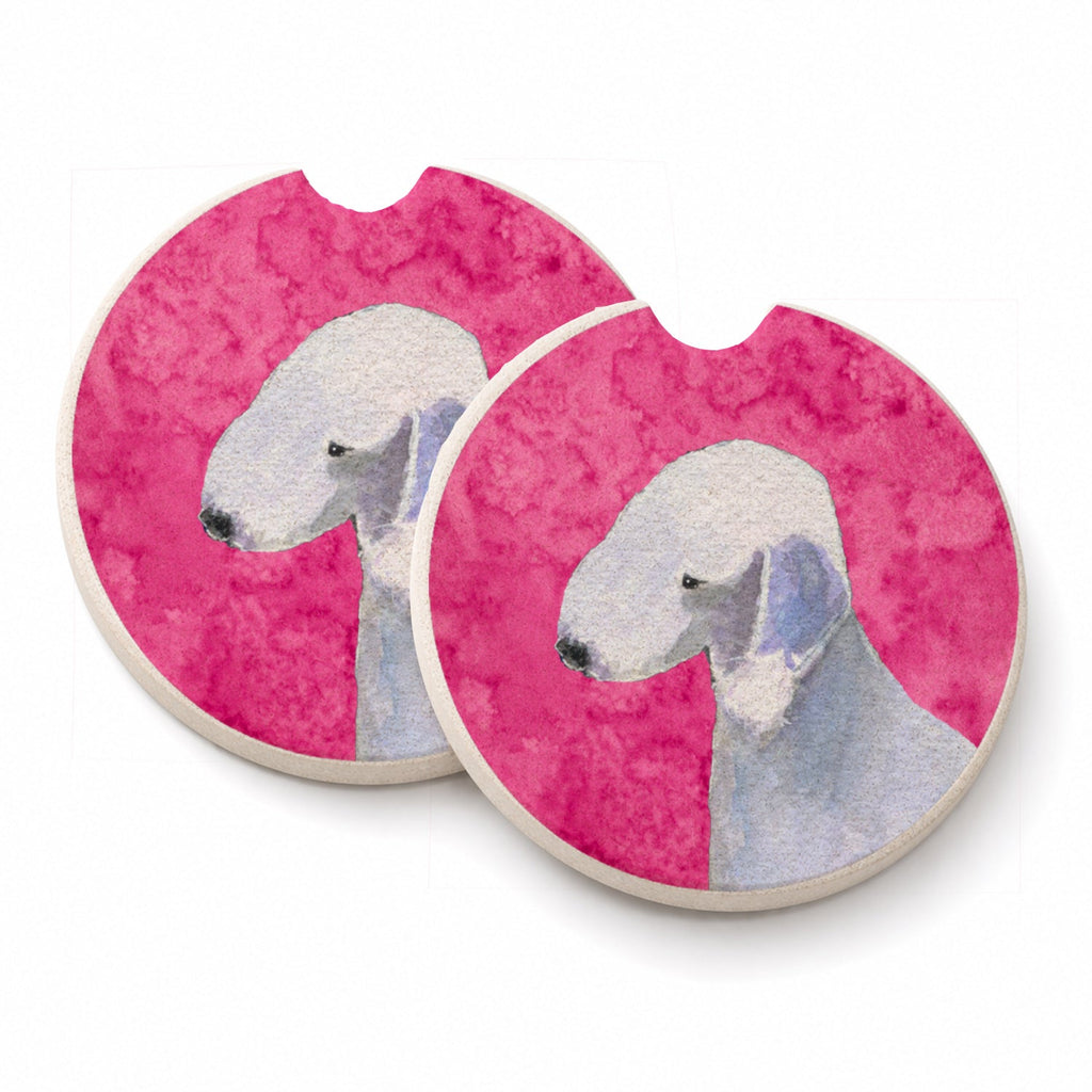 Pink Bedlington Terrier Set of 2 Cup Holder Car Coasters Absorbent Round Sandstone Coasters Gifts for Men or Women, 2.5, Multicolor
