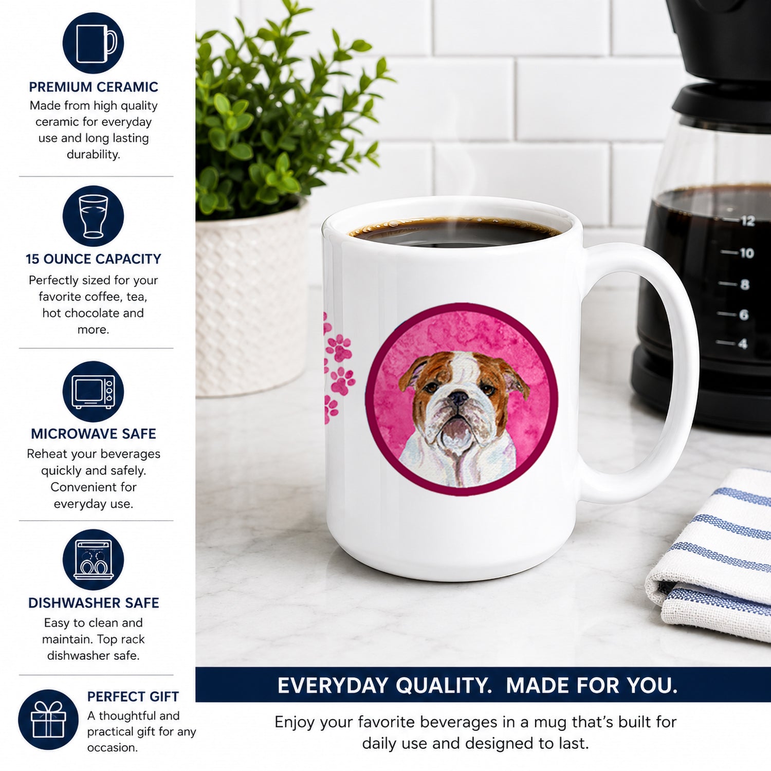 Pink English Bulldog Ceramic Coffee Mug 15 oz Decorative Large C Handle Mug Cup for Tea, Cocoa Hot Chocolate
