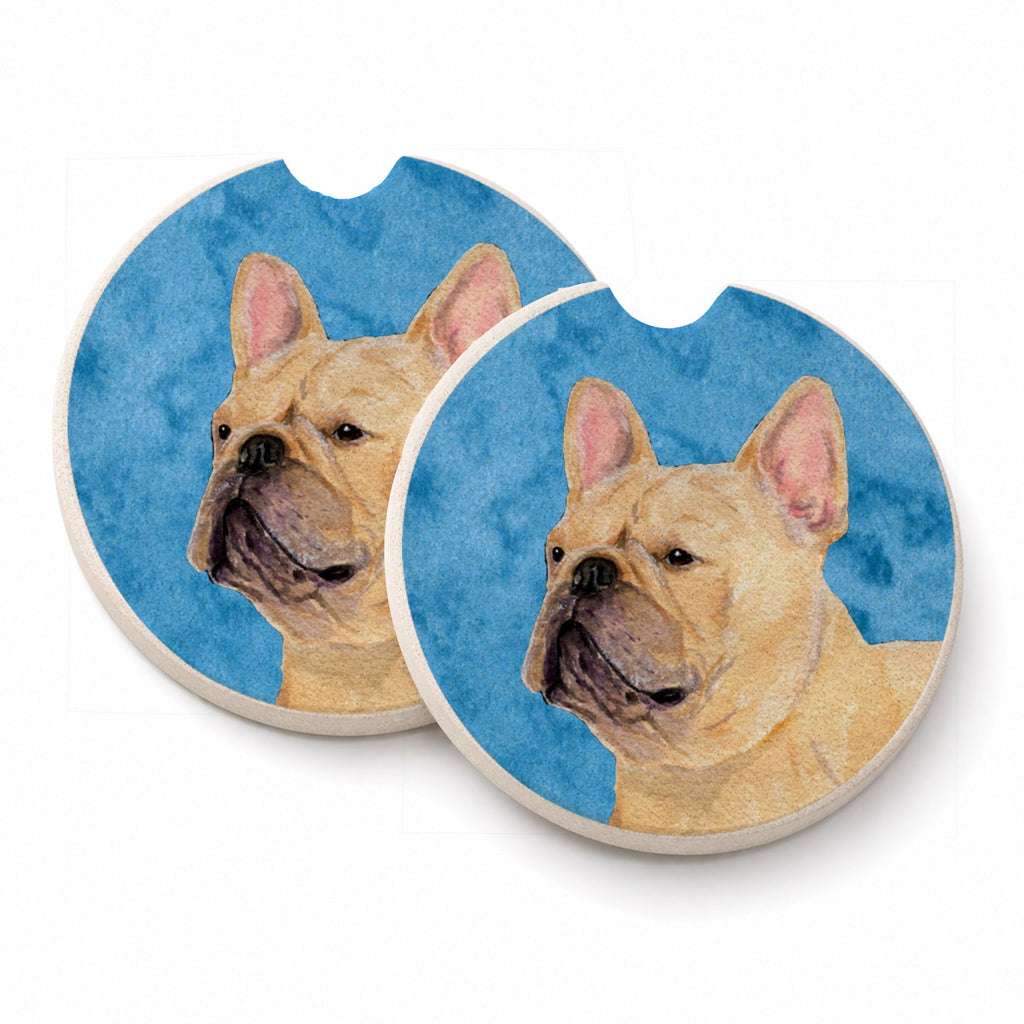 Blue French Bulldog Set of 2 Cup Holder Car Coasters Absorbent Round Sandstone Coasters Gifts for Men or Women, 2.5, Multicolor