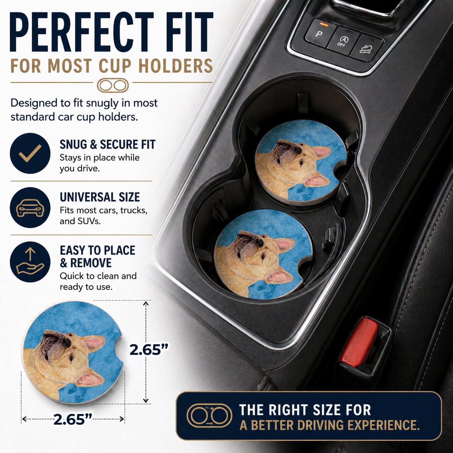 Blue French Bulldog Set of 2 Cup Holder Car Coasters Absorbent Round Sandstone Coasters Gifts for Men or Women, 2.5, Multicolor
