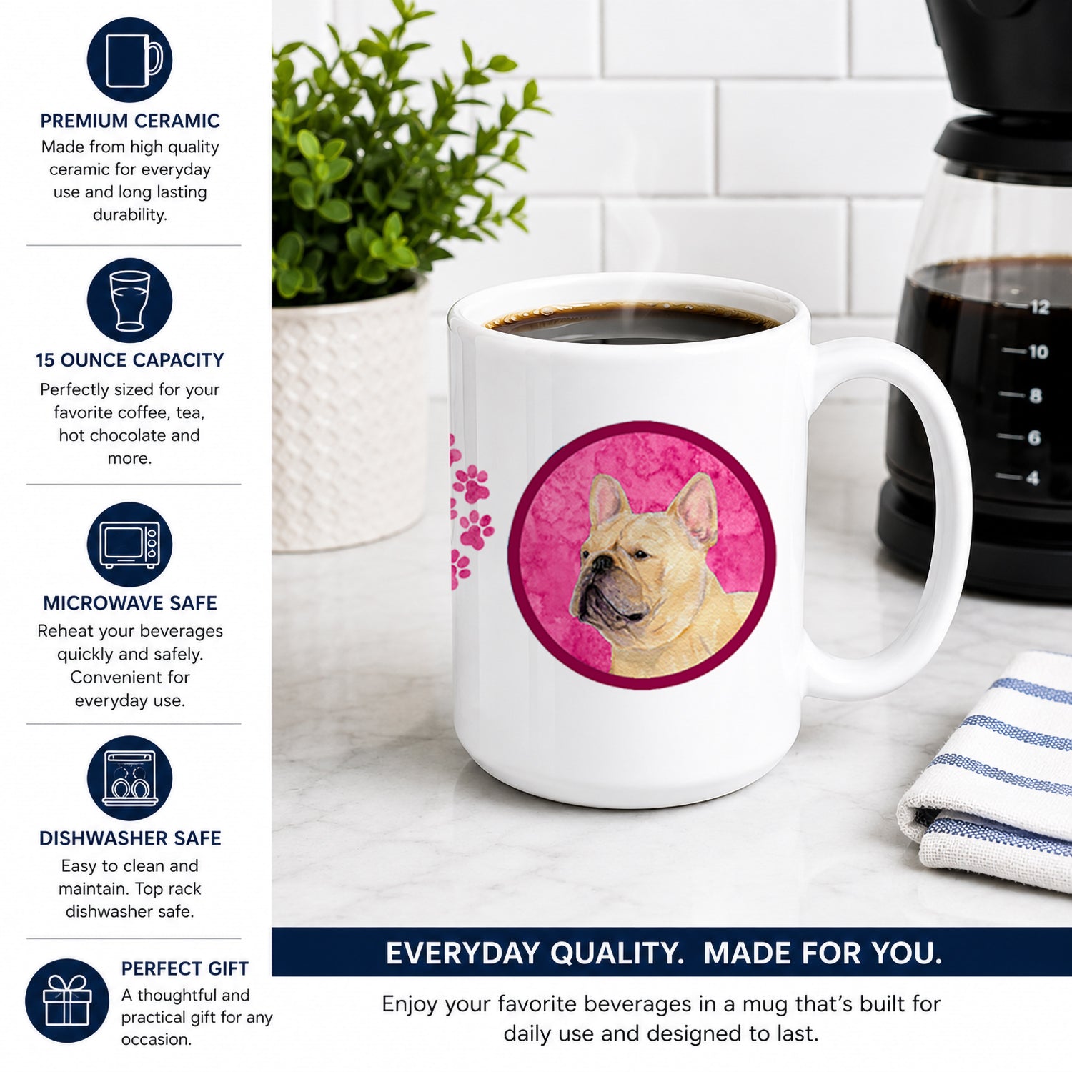Pink French Bulldog Ceramic Coffee Mug 15 oz Decorative Large C Handle Mug Cup for Tea, Cocoa Hot Chocolate