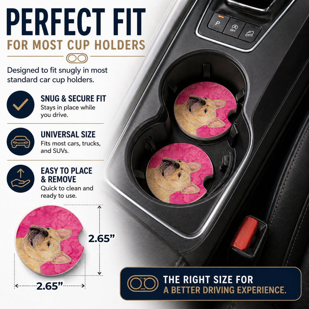 Pink French Bulldog Set of 2 Cup Holder Car Coasters Absorbent Round Sandstone Coasters Gifts for Men or Women, 2.5, Multicolor