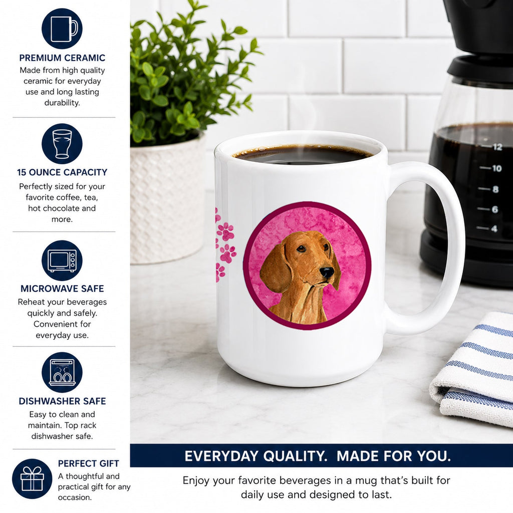 Pink Red Smooth Dachshund Ceramic Coffee Mug 15 oz Decorative Large C Handle Mug Cup for Tea, Cocoa Hot Chocolate