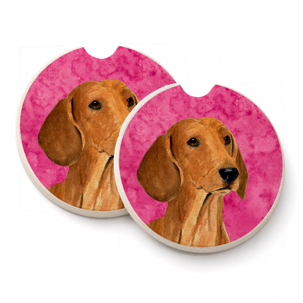 Pink Red Smooth Dachshund Set of 2 Cup Holder Car Coasters Absorbent Round Sandstone Coasters Gifts for Men or Women, 2.5, Multicolor