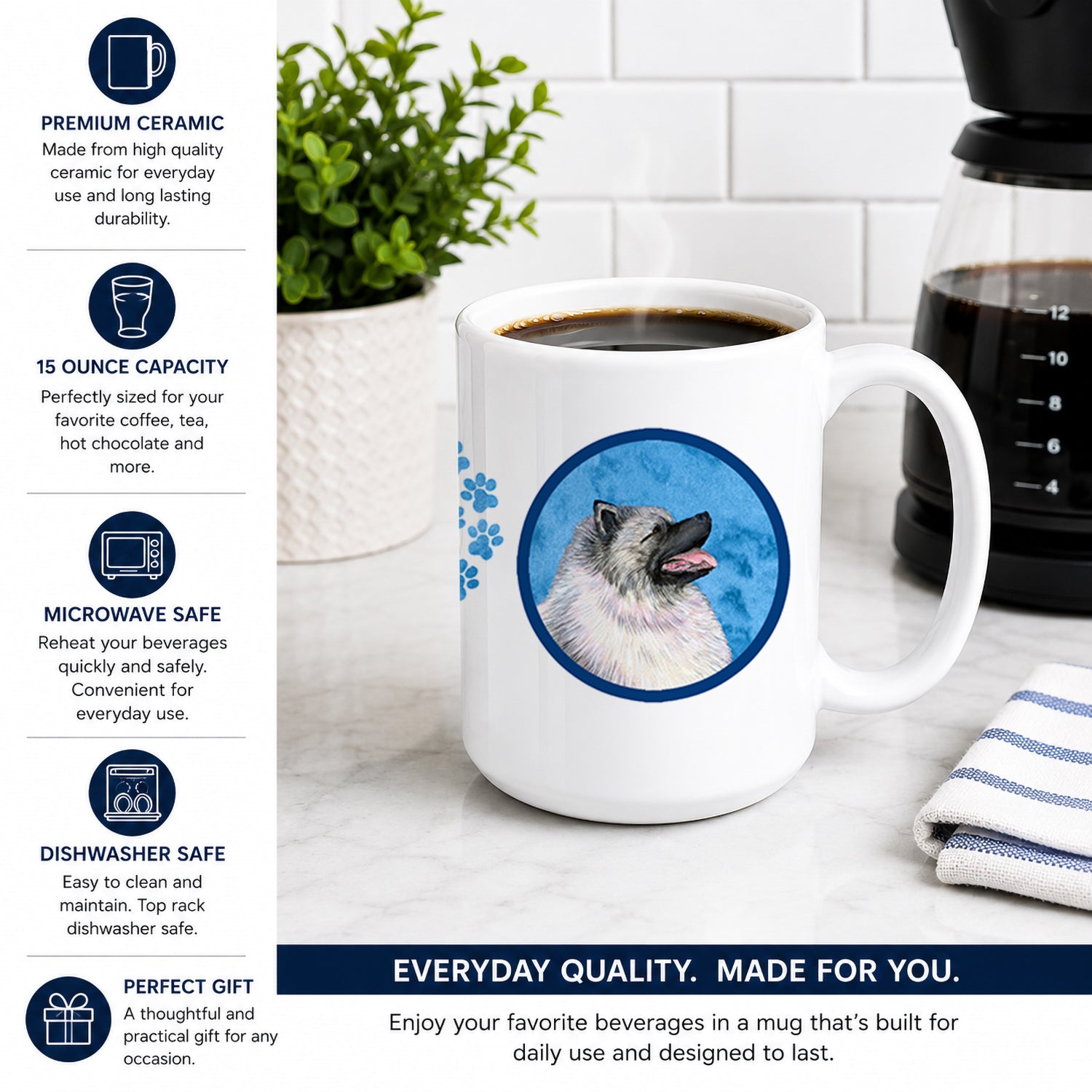 Blue Keeshond Ceramic Coffee Mug 15 oz Decorative Large C Handle Mug Cup for Tea, Cocoa Hot Chocolate
