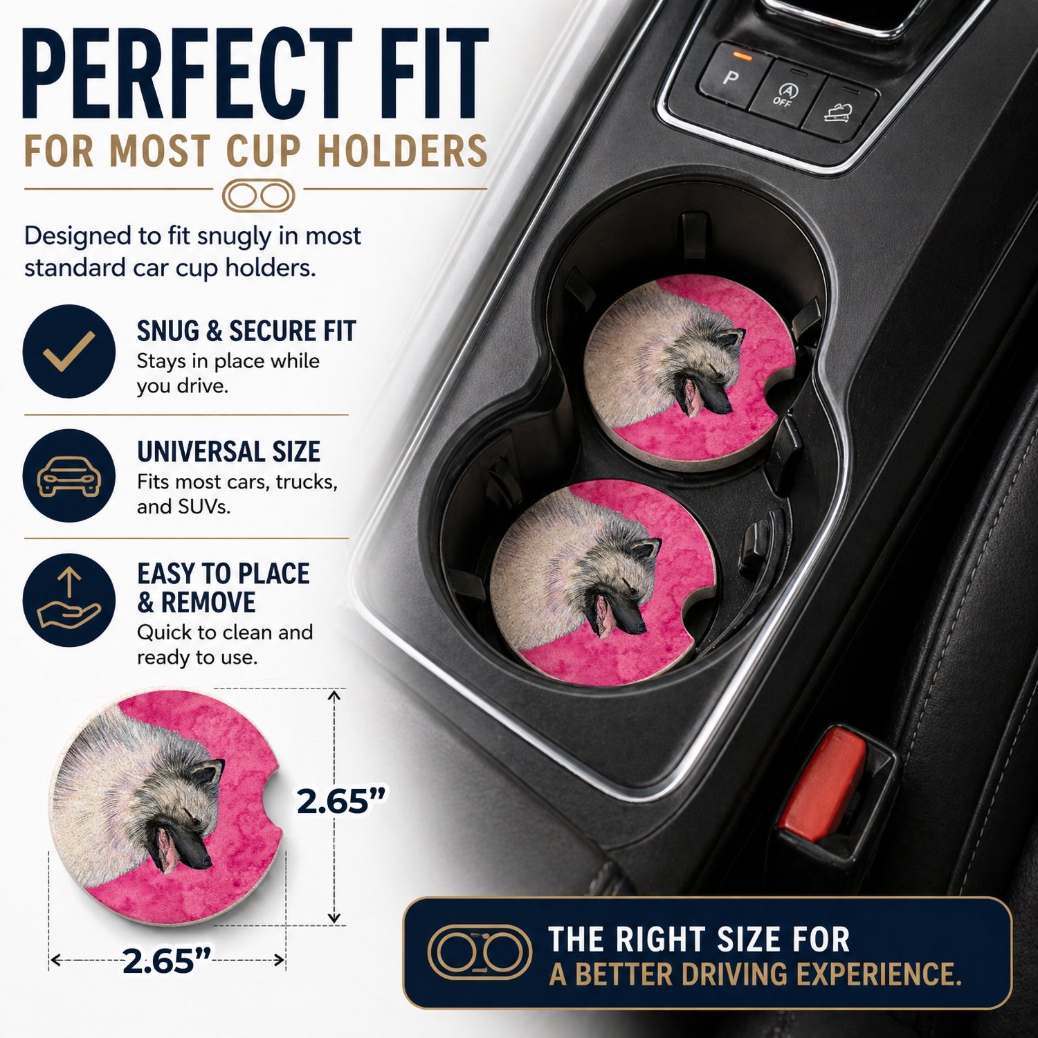 Pink Keeshond Set of 2 Cup Holder Car Coasters Absorbent Round Sandstone Coasters Gifts for Men or Women, 2.5, Multicolor