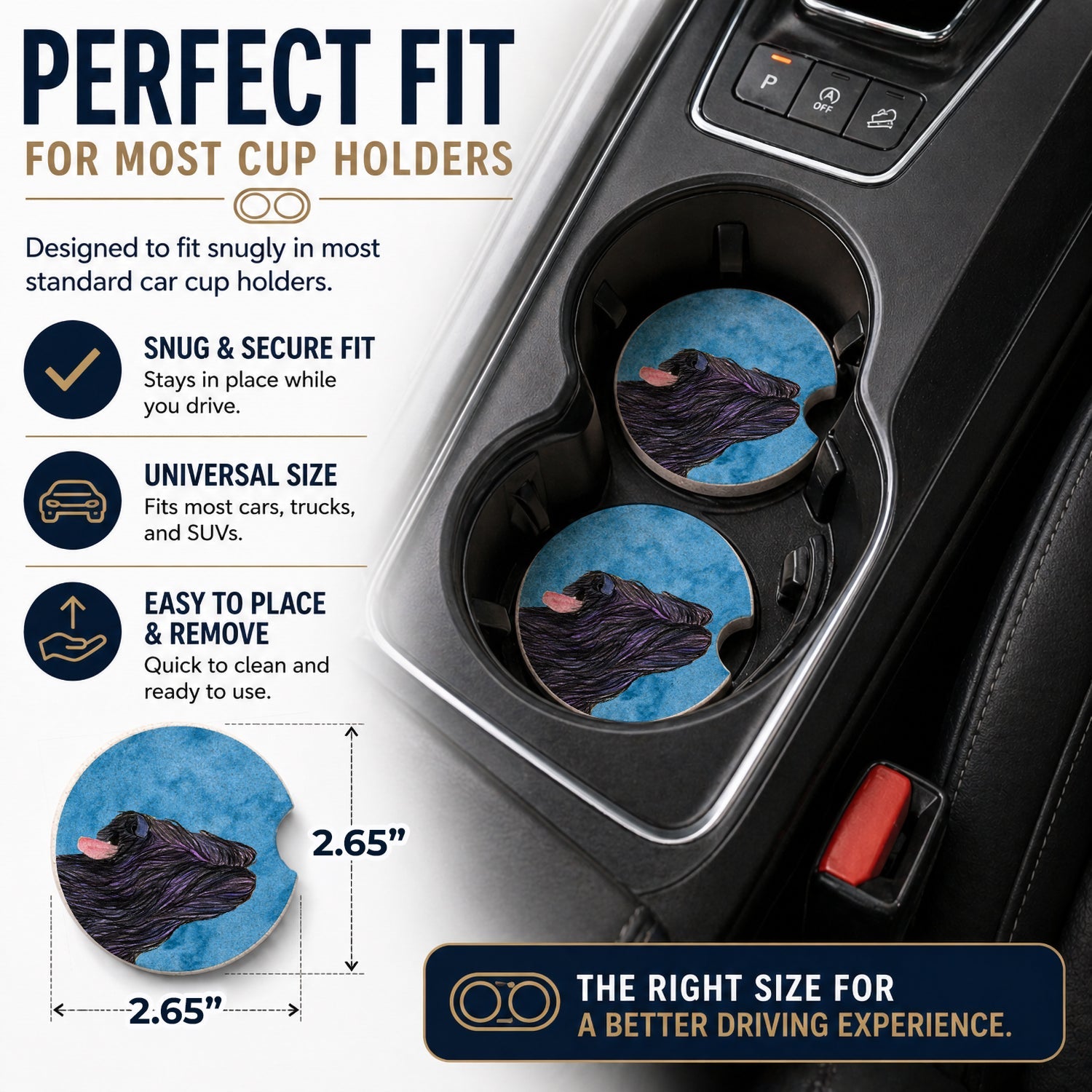 Blue Briard Set of 2 Cup Holder Car Coasters Absorbent Round Sandstone Coasters Gifts for Men or Women, 2.5, Multicolor