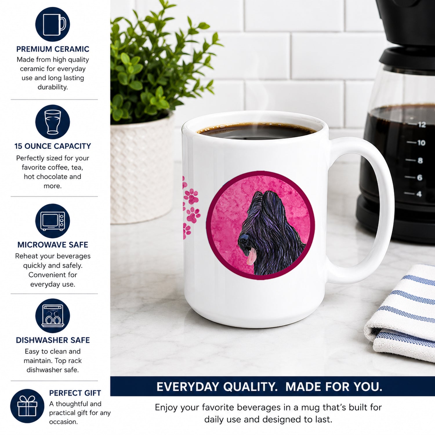 Pink Briard Ceramic Coffee Mug 15 oz Decorative Large C Handle Mug Cup for Tea, Cocoa Hot Chocolate
