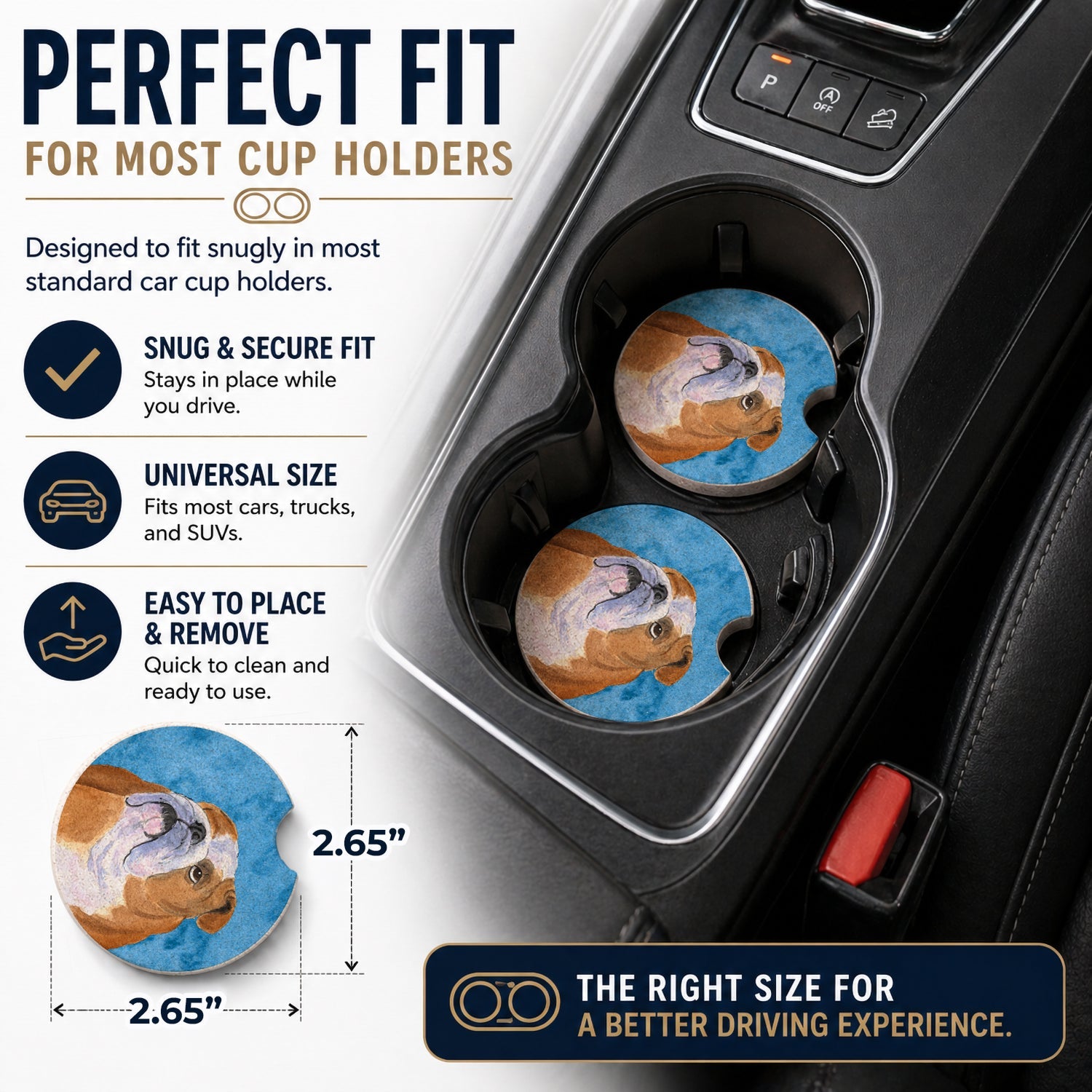 Blue English Bulldog Set of 2 Cup Holder Car Coasters Absorbent Round Sandstone Coasters Gifts for Men or Women, 2.5, Multicolor