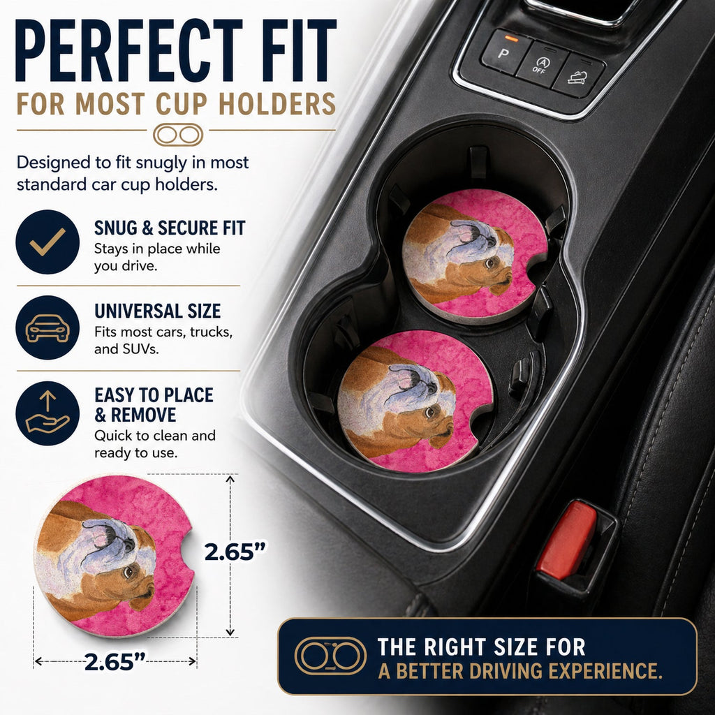Pink English Bulldog Set of 2 Cup Holder Car Coasters Absorbent Round Sandstone Coasters Gifts for Men or Women, 2.5, Multicolor