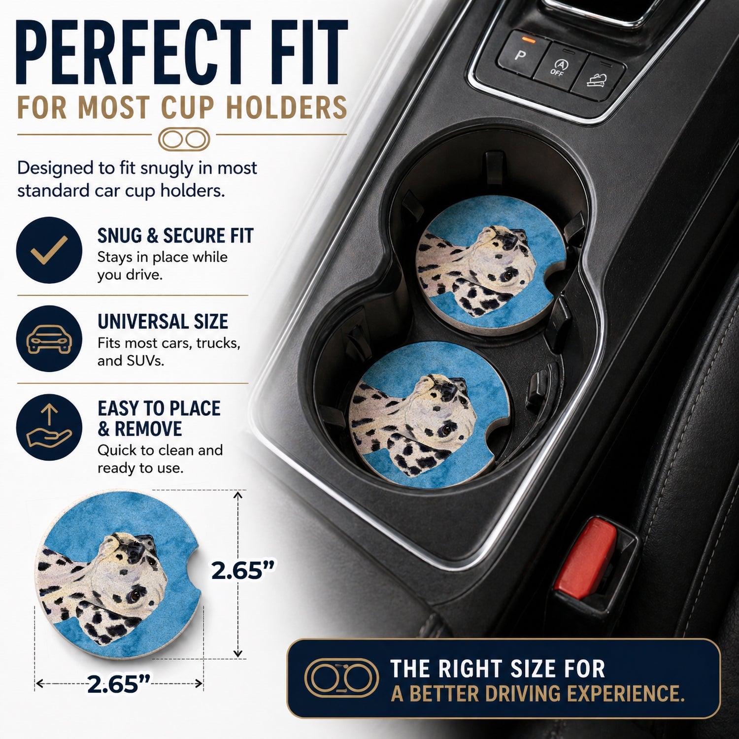 Blue Dalmatian Set of 2 Cup Holder Car Coasters Absorbent Round Sandstone Coasters Gifts for Men or Women, 2.5, Multicolor