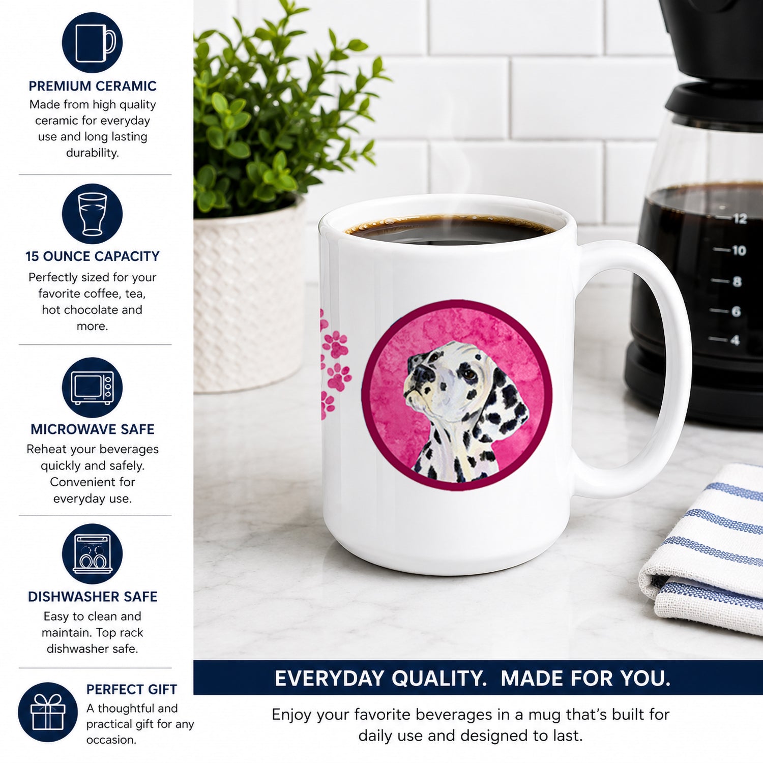 Pink Dalmatian Ceramic Coffee Mug 15 oz Decorative Large C Handle Mug Cup for Tea, Cocoa Hot Chocolate