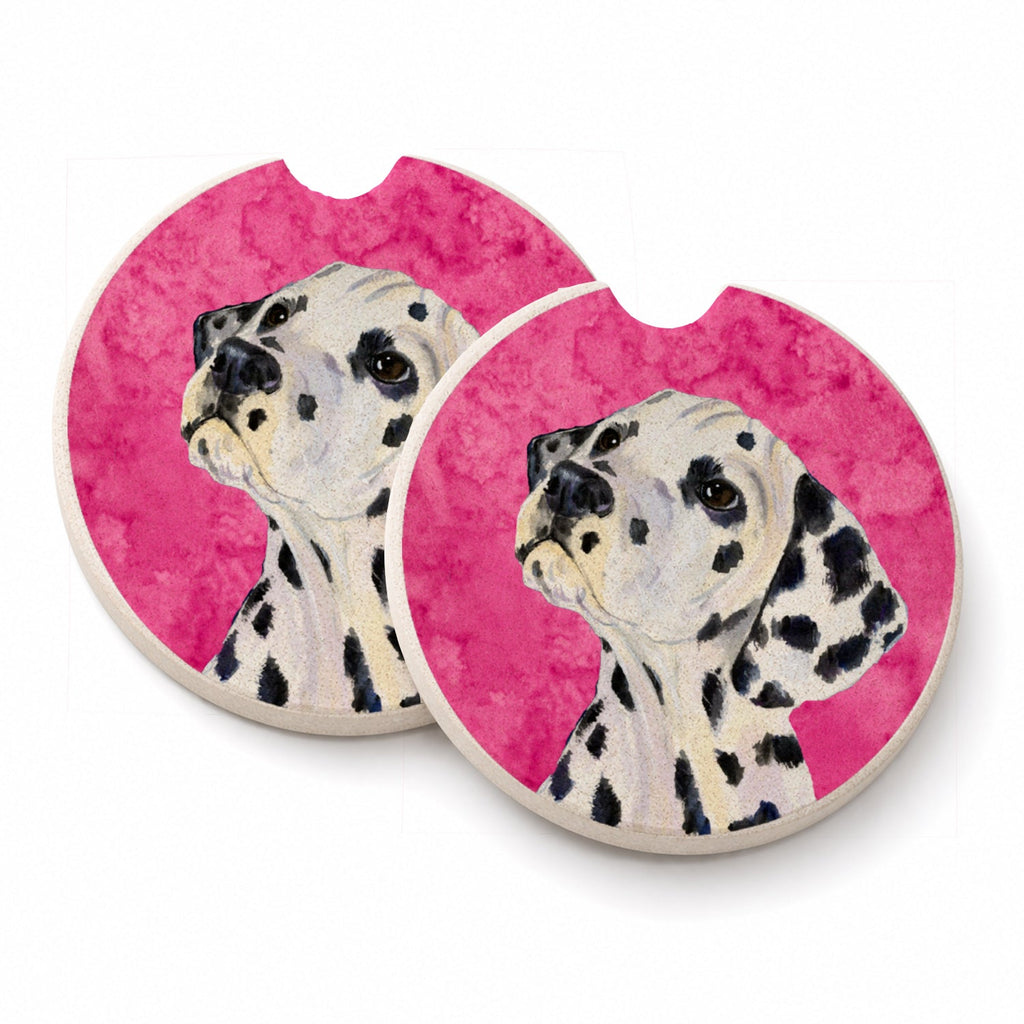 Pink Dalmatian Set of 2 Cup Holder Car Coasters Absorbent Round Sandstone Coasters Gifts for Men or Women, 2.5, Multicolor