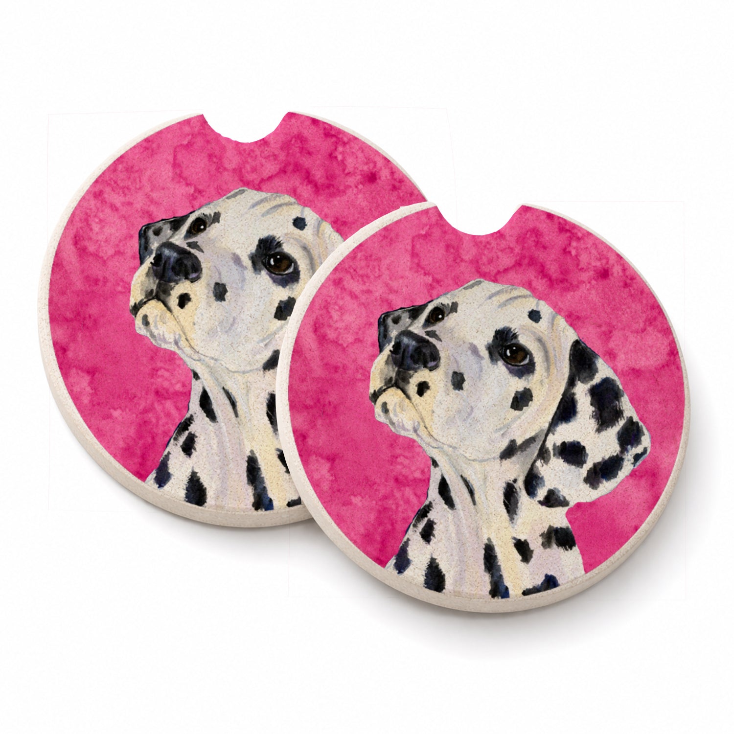 Pink Dalmatian Set of 2 Cup Holder Car Coasters Absorbent Round Sandstone Coasters Gifts for Men or Women, 2.5, Multicolor