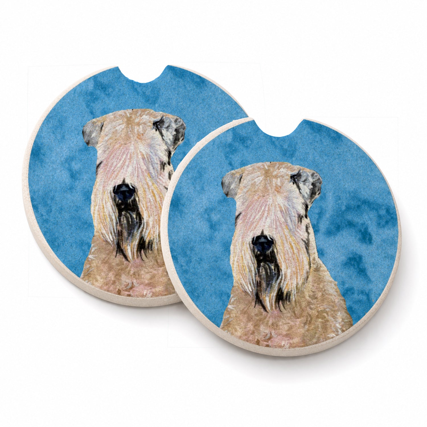 Blue Soft Coated Wheaten Terrier Set of 2 Cup Holder Car Coasters Absorbent Round Sandstone Coasters Gifts for Men or Women, 2.5, Multicolor