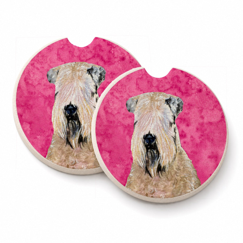 Pink Soft Coated Wheaten Terrier Set of 2 Cup Holder Car Coasters Absorbent Round Sandstone Coasters Gifts for Men or Women, 2.5, Multicolor