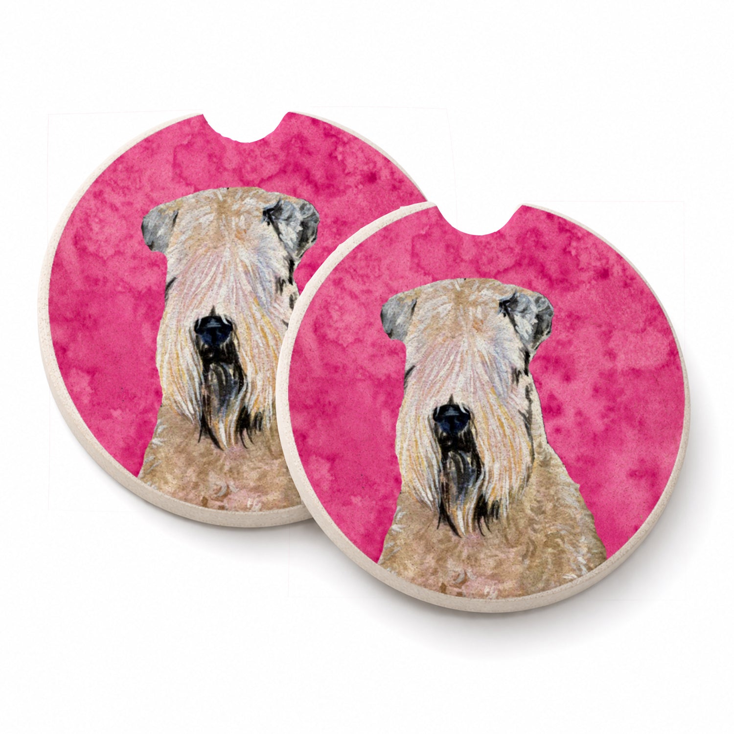 Pink Soft Coated Wheaten Terrier Set of 2 Cup Holder Car Coasters Absorbent Round Sandstone Coasters Gifts for Men or Women, 2.5, Multicolor