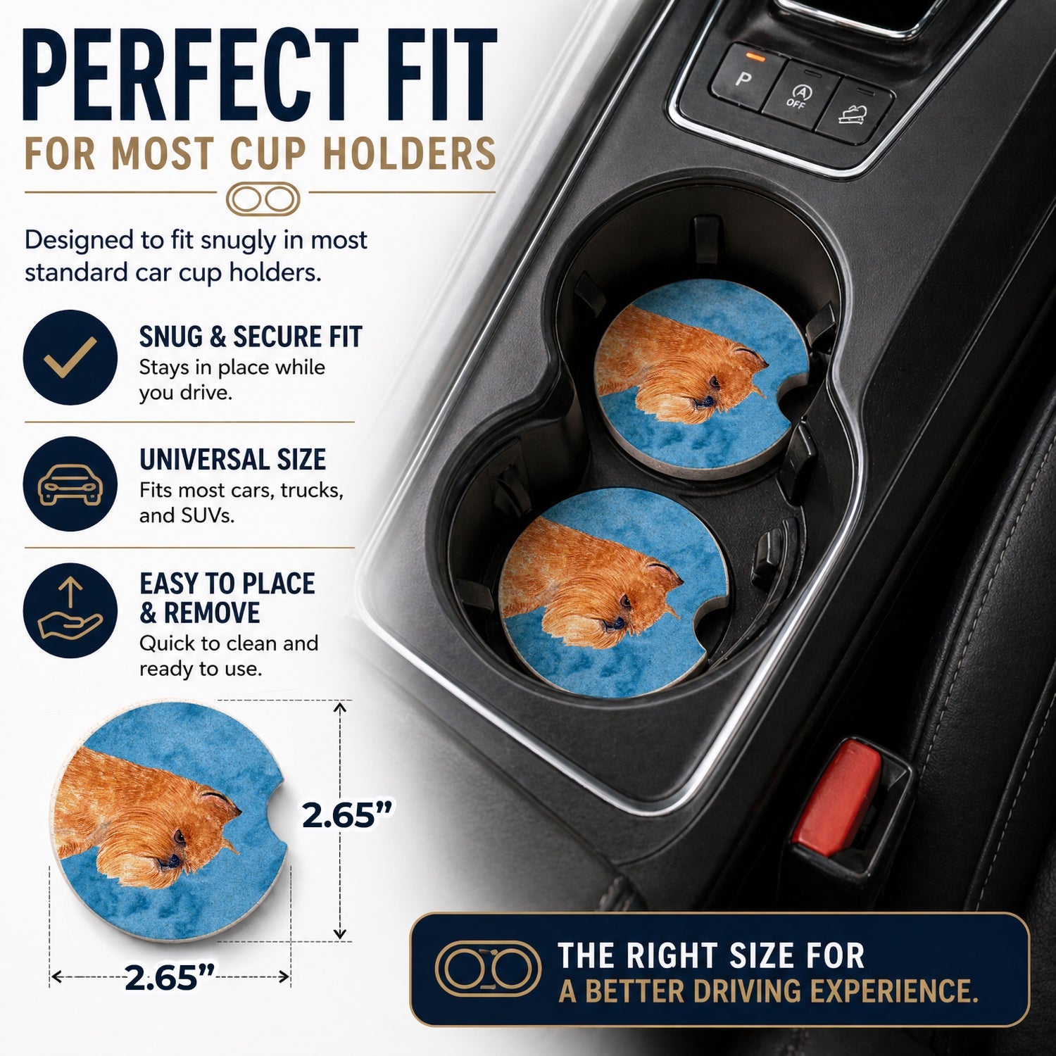 Blue Brussels Griffon Set of 2 Cup Holder Car Coasters Absorbent Round Sandstone Coasters Gifts for Men or Women, 2.5, Multicolor
