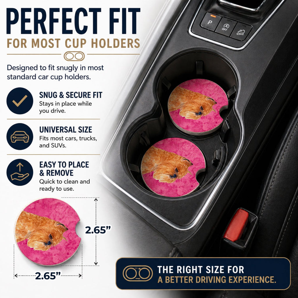 Pink Brussels Griffon Set of 2 Cup Holder Car Coasters Absorbent Round Sandstone Coasters Gifts for Men or Women, 2.5, Multicolor