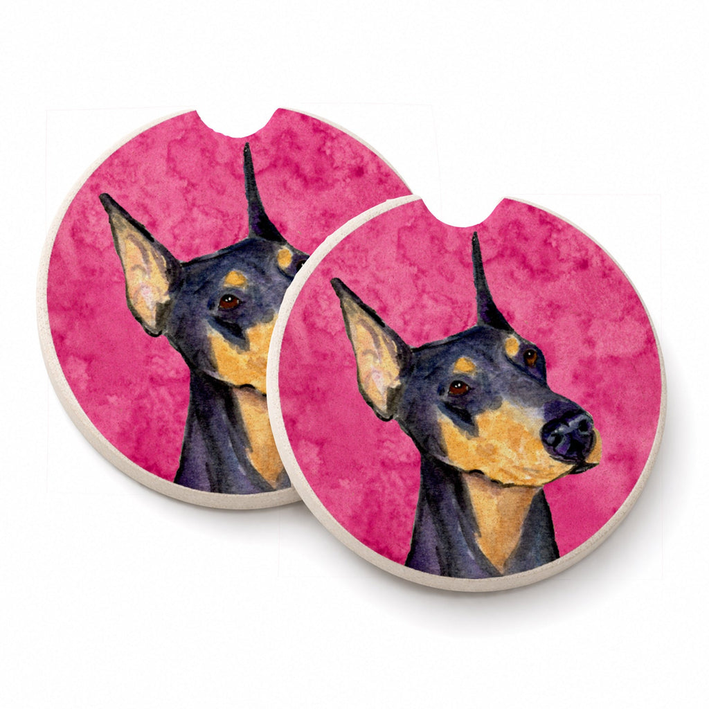 Pink Doberman Set of 2 Cup Holder Car Coasters Absorbent Round Sandstone Coasters Gifts for Men or Women, 2.5, Multicolor