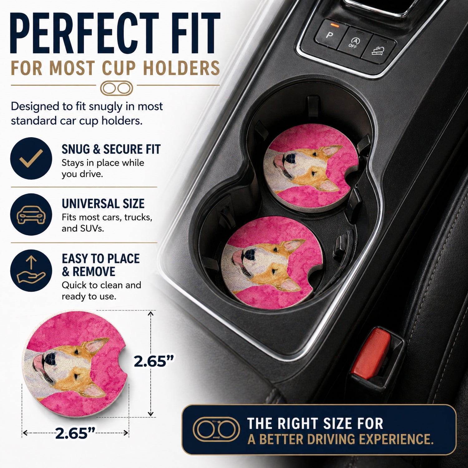 Pink Bull Terrier Set of 2 Cup Holder Car Coasters Absorbent Round Sandstone Coasters Gifts for Men or Women, 2.5, Multicolor