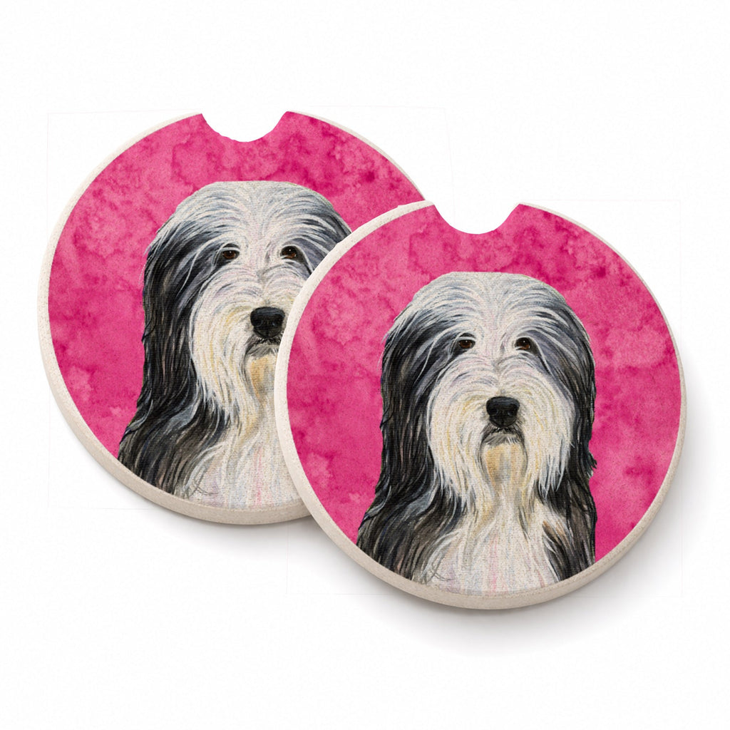 Pink Bearded Collie Set of 2 Cup Holder Car Coasters Absorbent Round Sandstone Coasters Gifts for Men or Women, 2.5, Multicolor