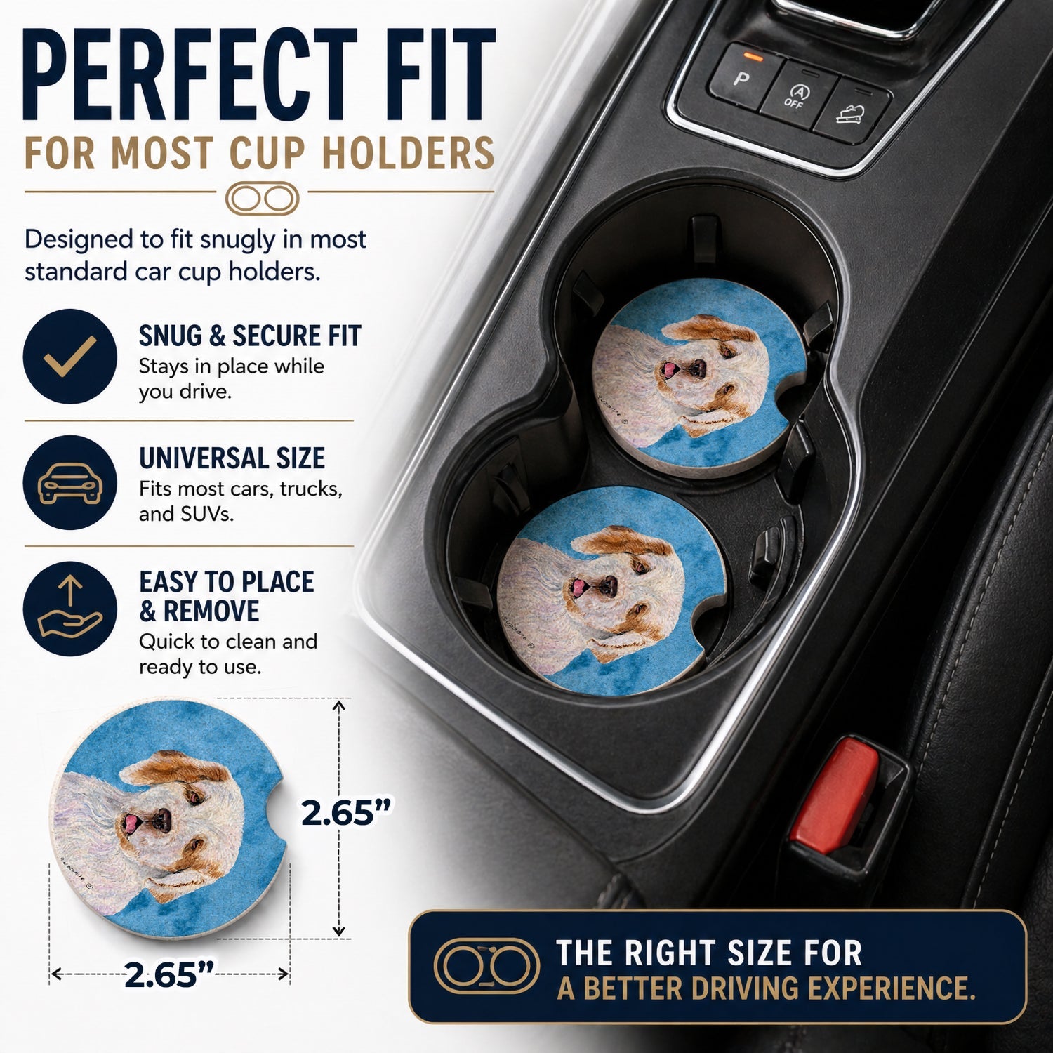 Blue Clumber Spaniel Set of 2 Cup Holder Car Coasters Absorbent Round Sandstone Coasters Gifts for Men or Women, 2.5, Multicolor
