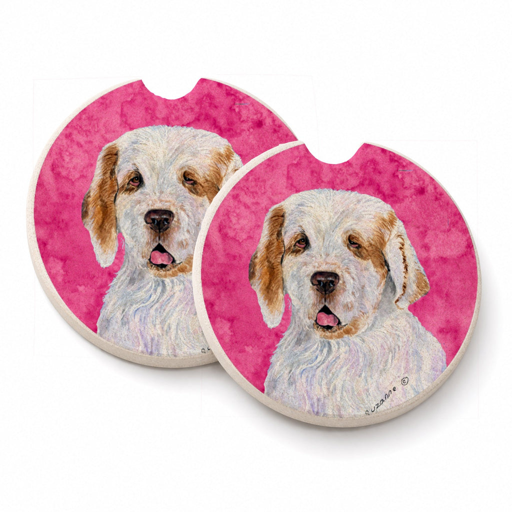 Pink Clumber Spaniel Set of 2 Cup Holder Car Coasters Absorbent Round Sandstone Coasters Gifts for Men or Women, 2.5, Multicolor