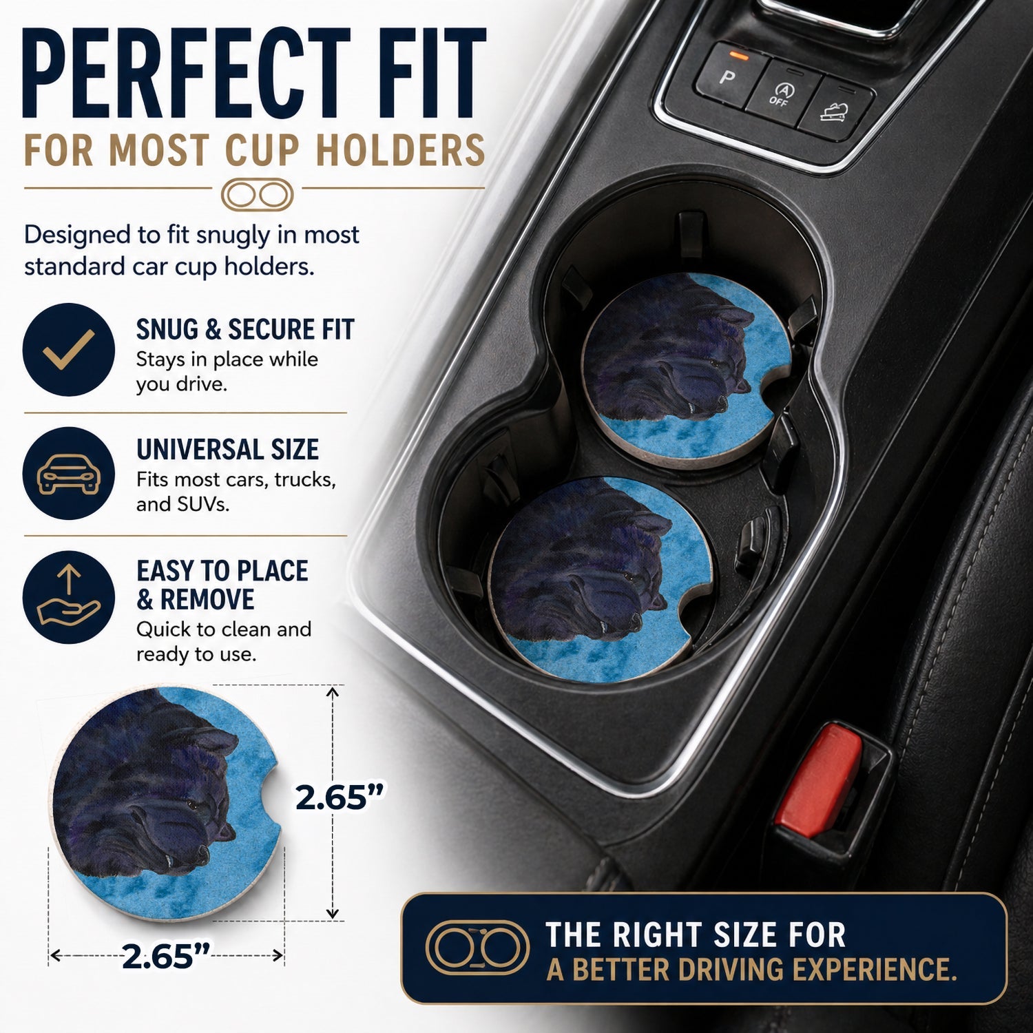 Blue Chow Chow Set of 2 Cup Holder Car Coasters Absorbent Round Sandstone Coasters Gifts for Men or Women, 2.5, Multicolor