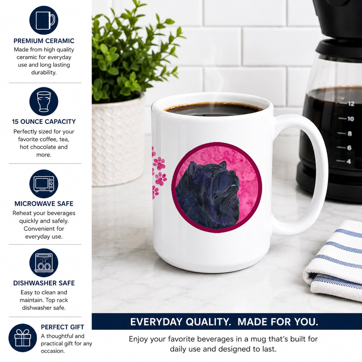 Pink Chow Chow Ceramic Coffee Mug 15 oz Decorative Large C Handle Mug Cup for Tea, Cocoa Hot Chocolate