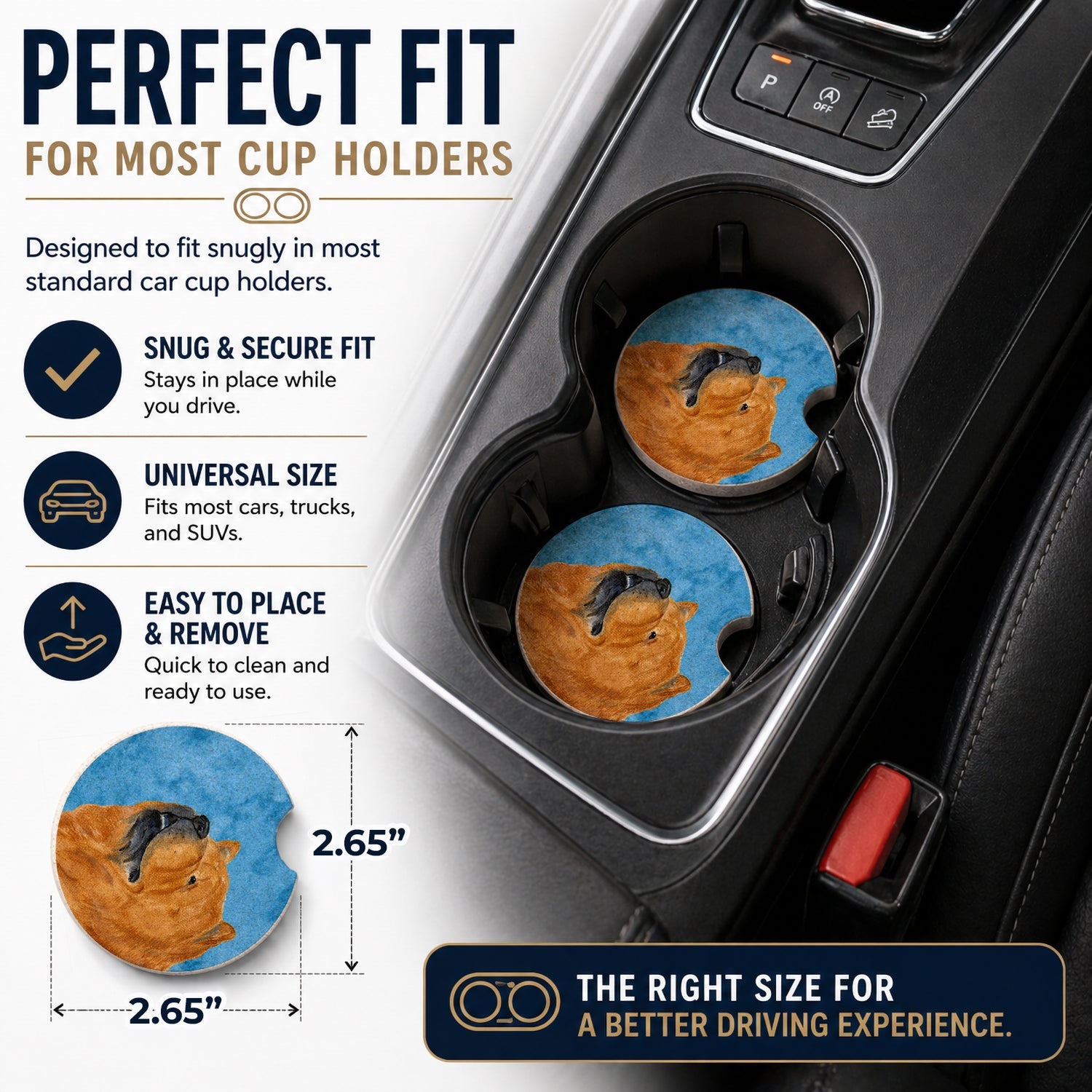Blue Chow Chow Set of 2 Cup Holder Car Coasters Absorbent Round Sandstone Coasters Gifts for Men or Women, 2.5, Multicolor