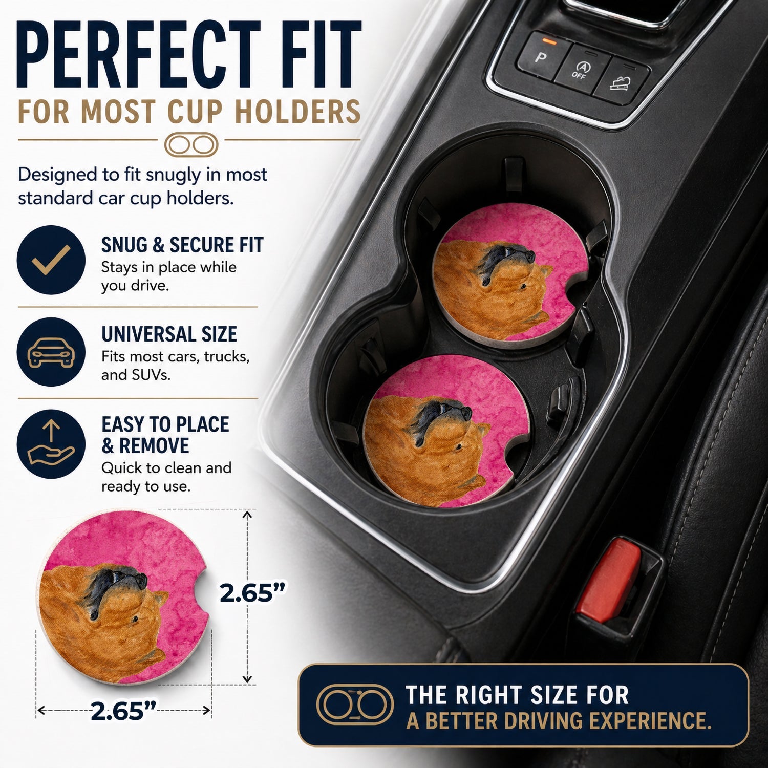 Pink Chow Chow Set of 2 Cup Holder Car Coasters Absorbent Round Sandstone Coasters Gifts for Men or Women, 2.5, Multicolor