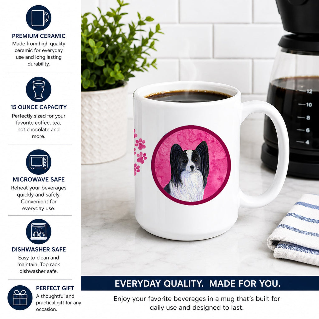 Pink Papillon Ceramic Coffee Mug 15 oz Decorative Large C Handle Mug Cup for Tea, Cocoa Hot Chocolate