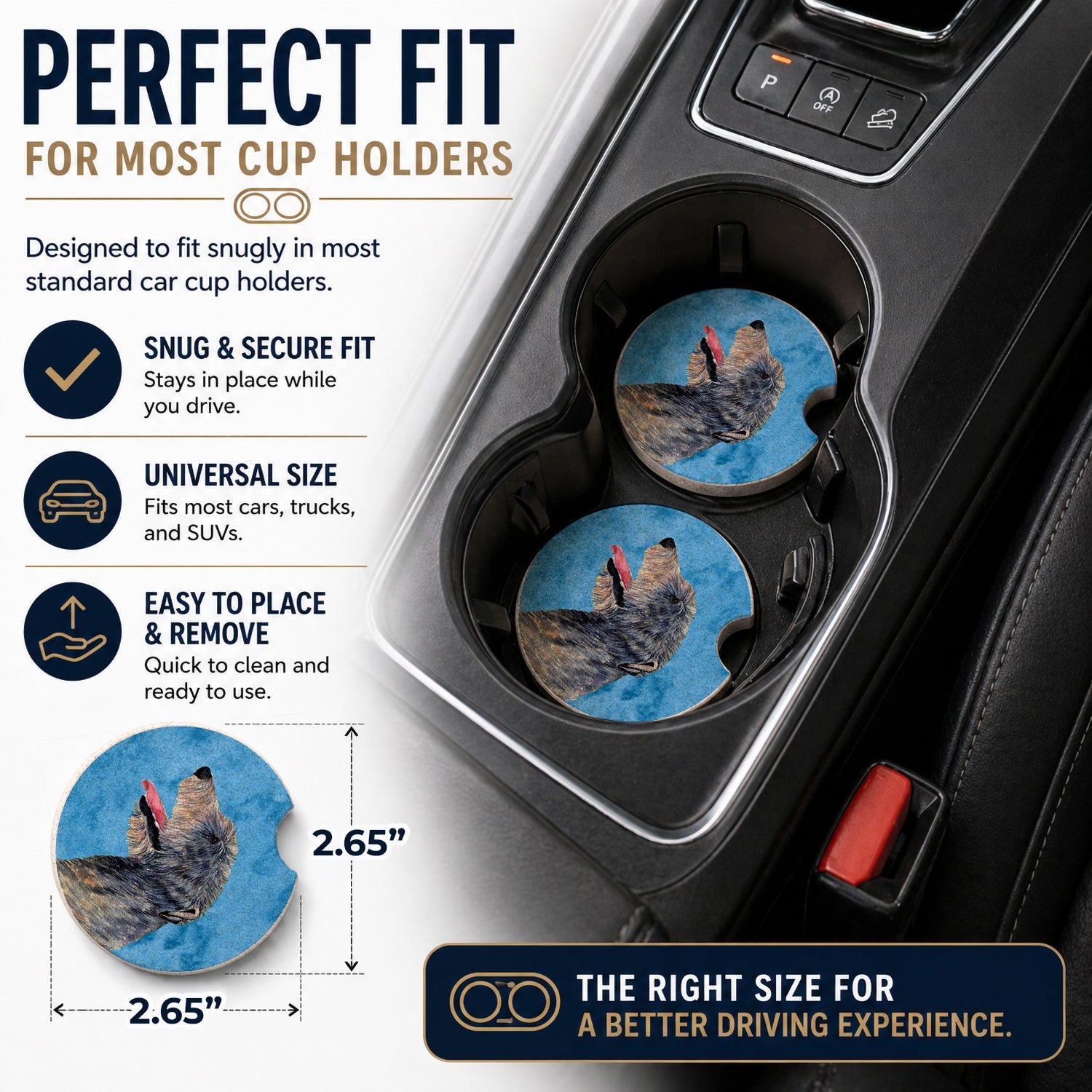 Blue Irish Wolfhound Set of 2 Cup Holder Car Coasters Absorbent Round Sandstone Coasters Gifts for Men or Women, 2.5, Multicolor