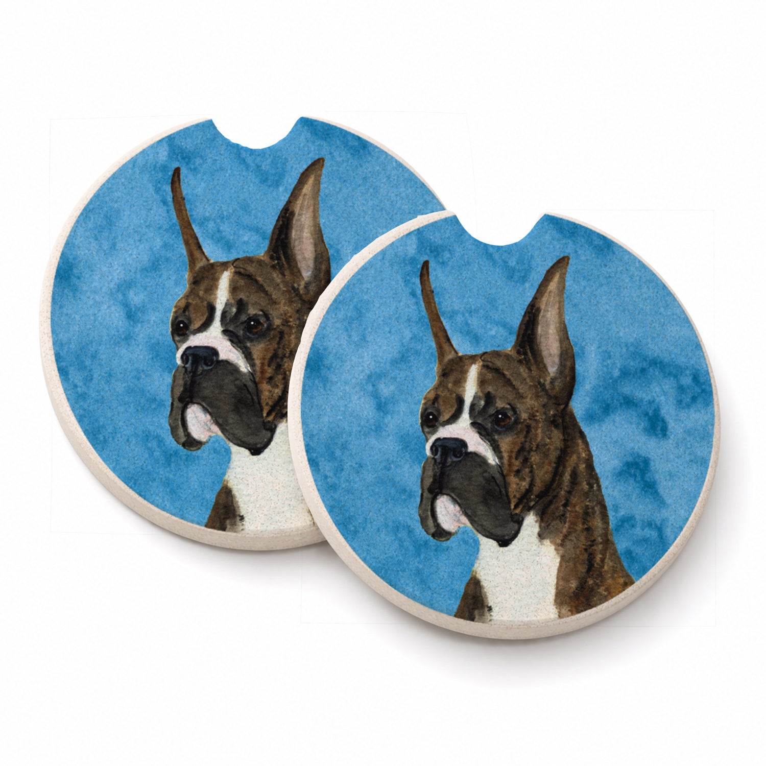 Blue Brindle Cropped Eared Boxer Set of 2 Cup Holder Car Coasters Absorbent Round Sandstone Coasters Gifts for Men or Women, 2.5, Multicolor