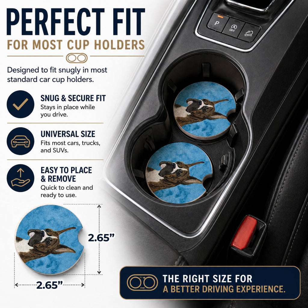 Blue Brindle Cropped Eared Boxer Set of 2 Cup Holder Car Coasters Absorbent Round Sandstone Coasters Gifts for Men or Women, 2.5, Multicolor