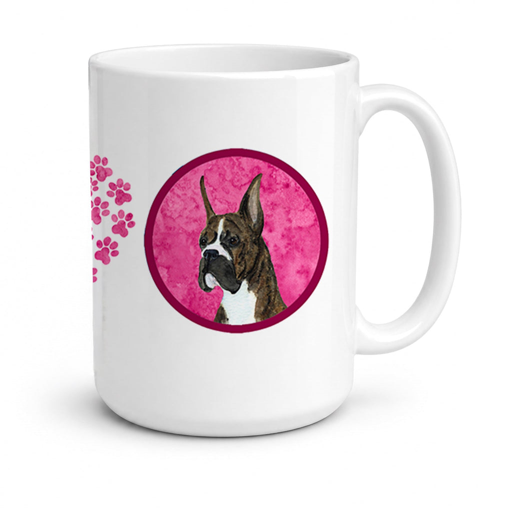 Pink Brindle Cropped Eared Boxer Ceramic Coffee Mug 15 oz Decorative Large C Handle Mug Cup for Tea, Cocoa Hot Chocolate