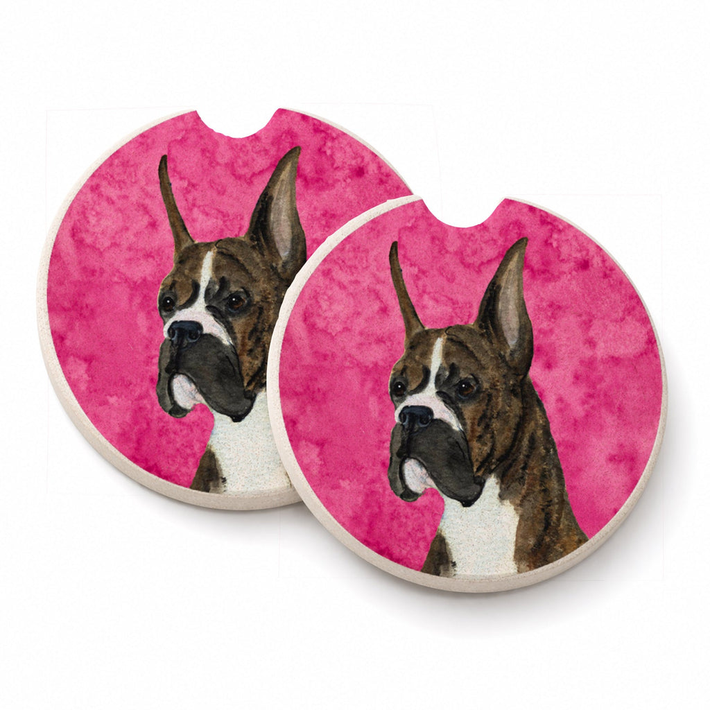 Pink Brindle Cropped Eared Boxer Set of 2 Cup Holder Car Coasters Absorbent Round Sandstone Coasters Gifts for Men or Women, 2.5, Multicolor