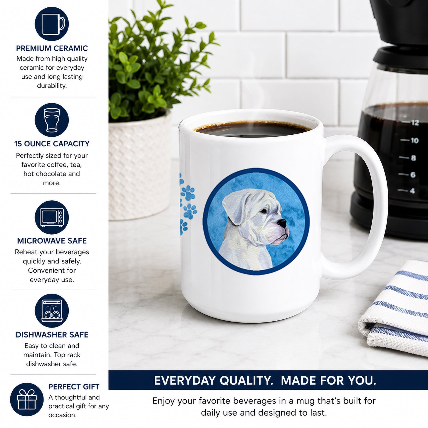 Blue White Natural Eared Boxer Ceramic Coffee Mug 15 oz Decorative Large C Handle Mug Cup for Tea, Cocoa Hot Chocolate