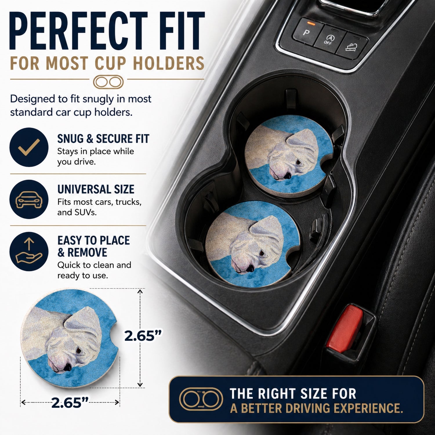 Blue White Natural Eared Boxer Set of 2 Cup Holder Car Coasters Absorbent Round Sandstone Coasters Gifts for Men or Women, 2.5, Multicolor