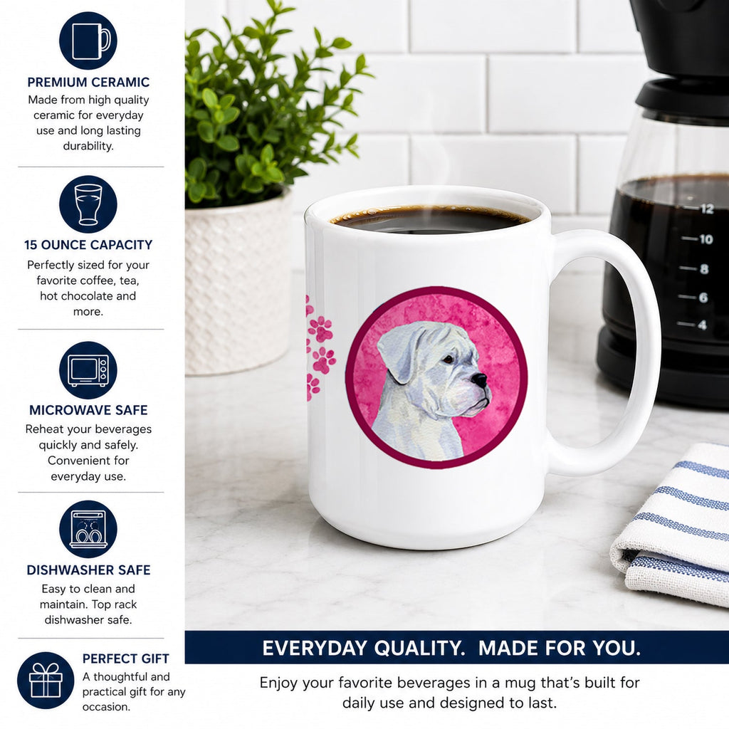 Pink White Natural Eared Boxer Ceramic Coffee Mug 15 oz Decorative Large C Handle Mug Cup for Tea, Cocoa Hot Chocolate